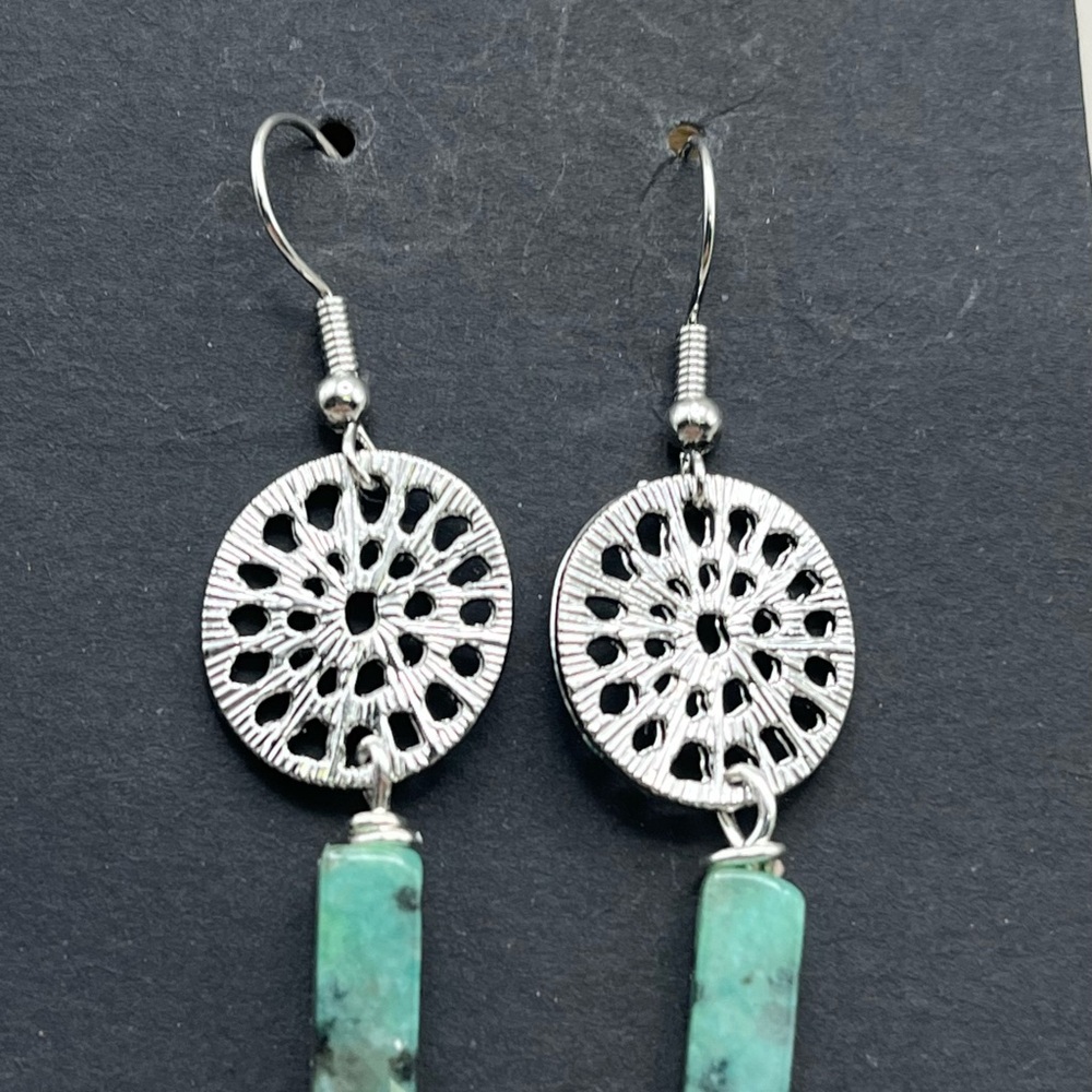 Silver Tone and Kiwi Jasper Dangle Earrings-Boho Chic Jewelry Gift